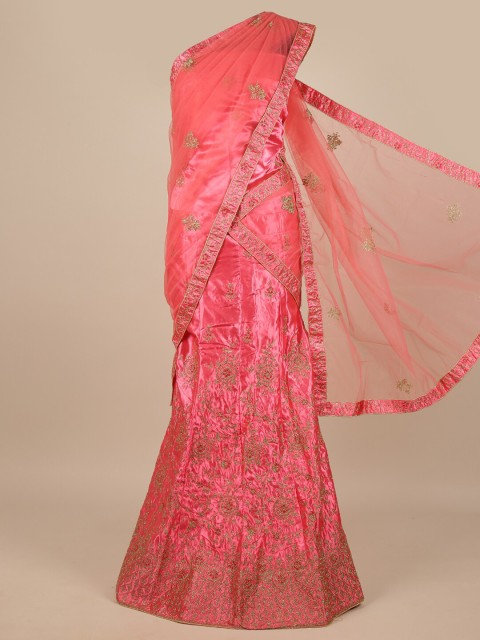 

Pothys Pink & Gold-Toned Embroidered Unstitched Lehenga & Blouse With Dupatta
