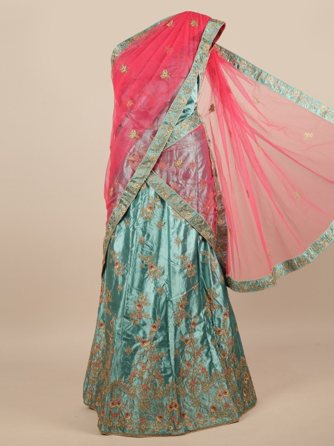 

Pothys Women Pink & Turquoise Blue Embroidered Unstitched Lehenga Choli With Dupatta