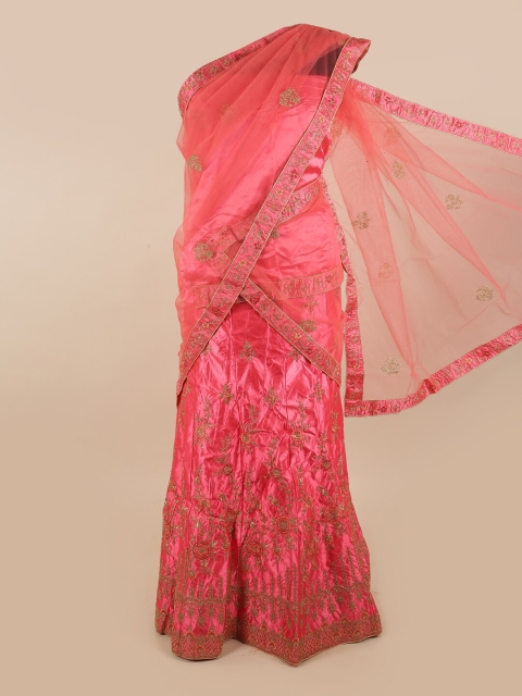 

Pothys Pink Embroidered Unstitched Lehenga & Blouse With Dupatta