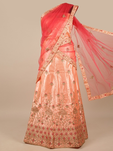 

Pothys Red & Peach-Coloured Embellished Unstitched Lehenga & Blouse With Dupatta