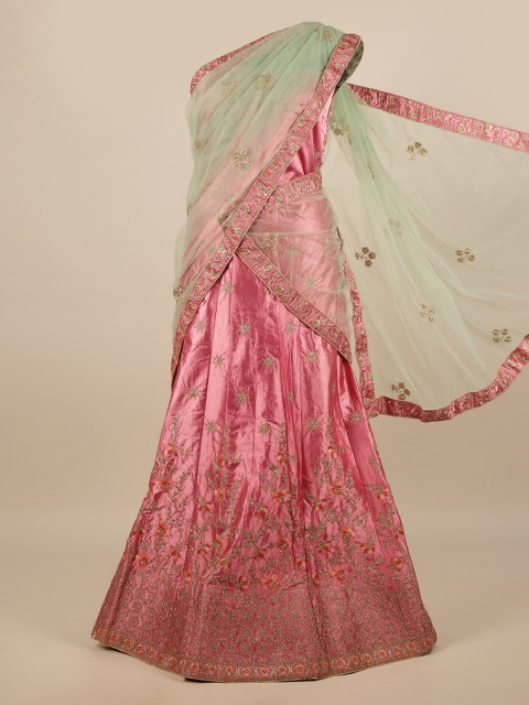 

Pothys Green & Pink Embroidered Zardozi Unstitched Lehenga & Blouse With Dupatta