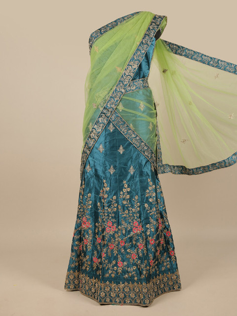 

Pothys Green & Blue Embroidered Unstitched Lehenga & Blouse With Dupatta