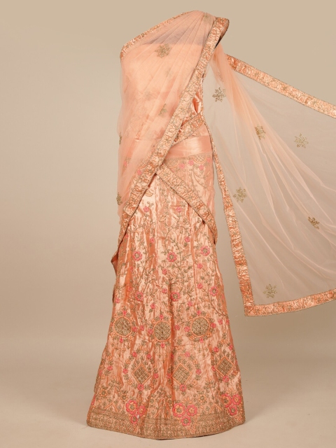 

Pothys Peach-Coloured & Gold-Toned Embroidered Unstitched Net Lehenga & Blouse & Dhavani