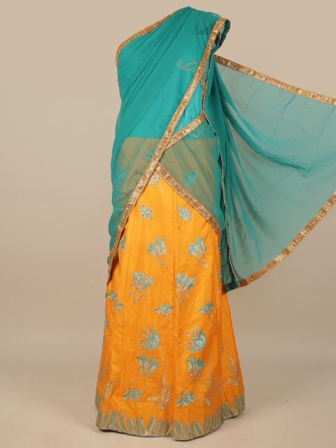 

Pothys Green & Yellow Embroidered Unstitched Lehenga & Blouse With Dupatta