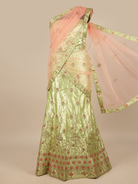 

Pothys Peach-Coloured & Green Embroidered Unstitched Lehenga & Blouse With Dupatta