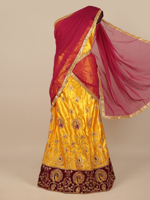 

Pothys Magenta & Yellow Embroidered Beads and Stones Unstitched Lehenga & Blouse With Dupatta