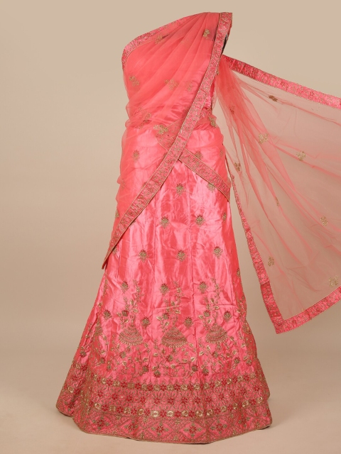 

Pothys Pink & Gold-Toned Embroidered Beads and Stones Unstitched Lehenga & Blouse With Dupatta