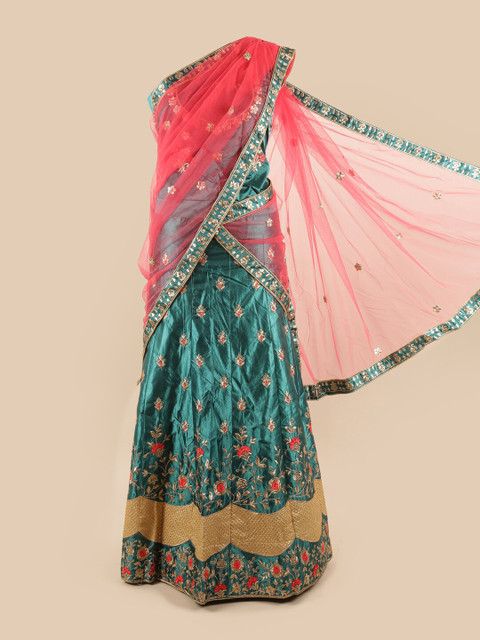 

Pothys Pink & Green Embroidered Unstitched Net Lehenga & Blouse With Dhavani