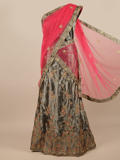

Pothys Pink & Grey Embroidered Unstitched Lehenga & Blouse With Dupatta