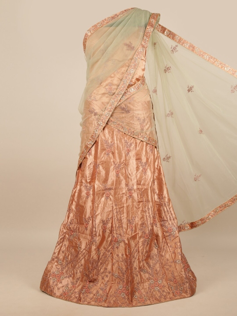 

Pothys Women Green & Peach-Coloured Embroidered Lehenga Half Saree