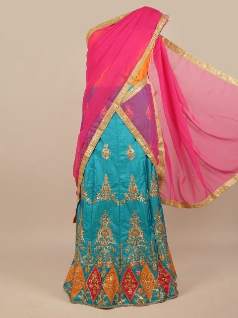 

Pothys Pink & Turquoise Blue Embroidered Unstitched Lehenga & Blouse With Dupatta