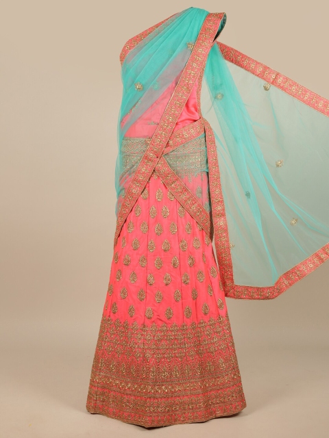 

Pothys Pink & Blue Embroidered Unstitched Lehenga & Blouse With Dupatta