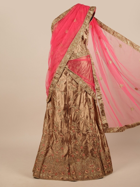 

Pothys Pink & Brown Embroidered Unstitched Lehenga & Blouse With Dupatta