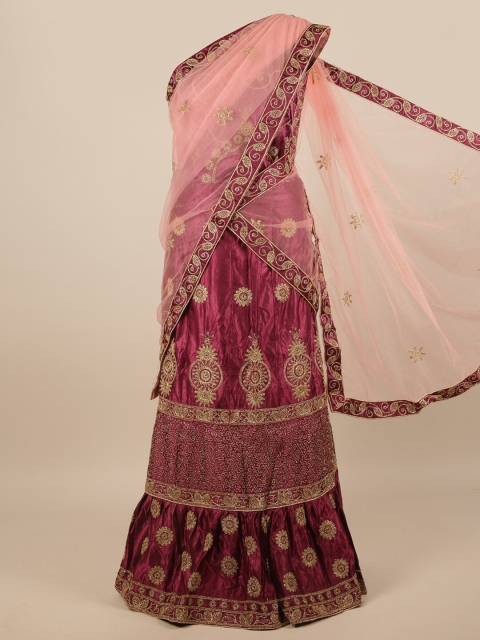 

Pothys Pink & Purple Embroidered Unstitched Lehenga & Blouse With Dupatta