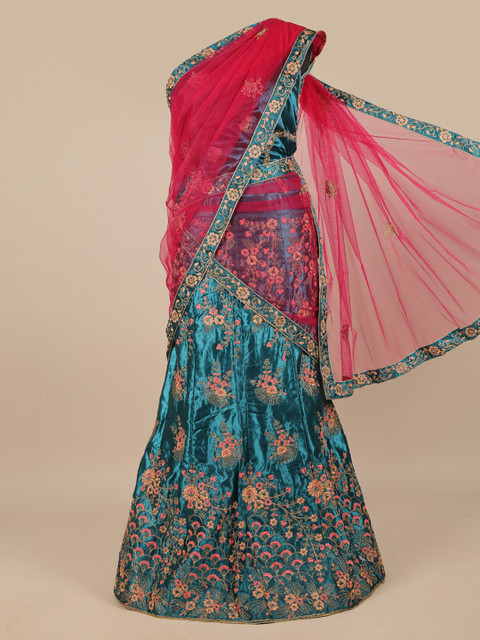 

Pothys Woman Pink & Blue Embroidered Unstitched Lehenga & Blouse With Dupatta