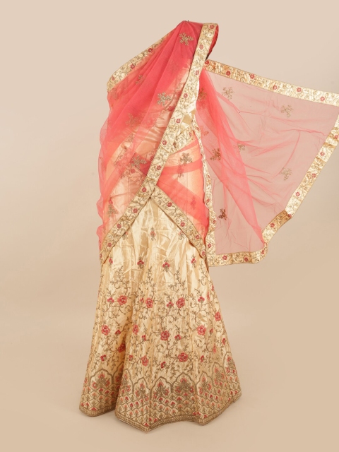 

Pothys Cream-Coloured & Pink Embellished Unstitched Lehenga & Blouse With Dupatta