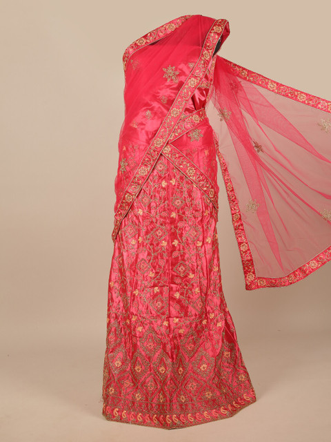 

Pothys Pink & Gold-Toned Embroidered Beads and Stones Unstitched Lehenga & Blouse With Dupatta