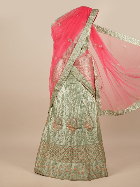 

Pothys Pink & Green Embroidered Unstitched Lehenga & Blouse With Dupatta