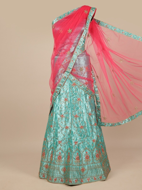 

Pothys Pink & Turquoise Blue Embroidered Zardozi Unstitched Lehenga & Blouse With Dupatta