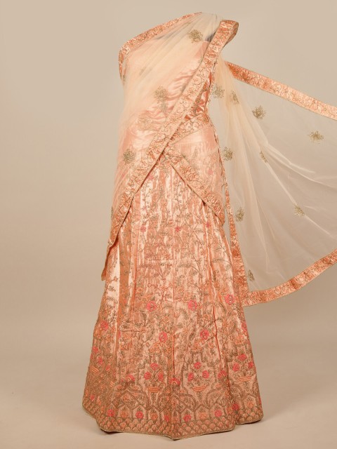 

Pothys Peach-Coloured & Gold-Toned Embroidered Unstitched Lehenga & Blouse With Dupatta