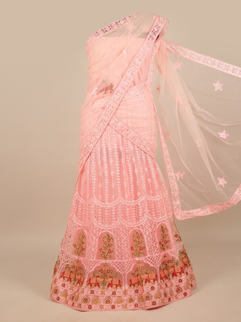 

Pothys Pink & Green Embroidered Unstitched Lehenga & Blouse With Dhavani