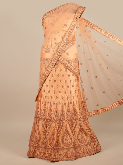 

Pothys Peach-Coloured & Gold-Toned Embellished Beads and Stones Unstitched Lehenga & Blouse With Dupatta