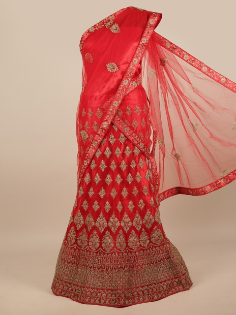 

Pothys Red & Gold-Toned Embroidered Unstitched Lehenga & Blouse With Dhavani