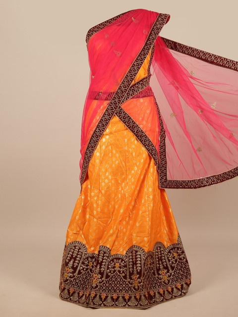 

Pothys Pink & Orange Embroidered Beads and Stones Unstitched Lehenga & Blouse With Dupatta
