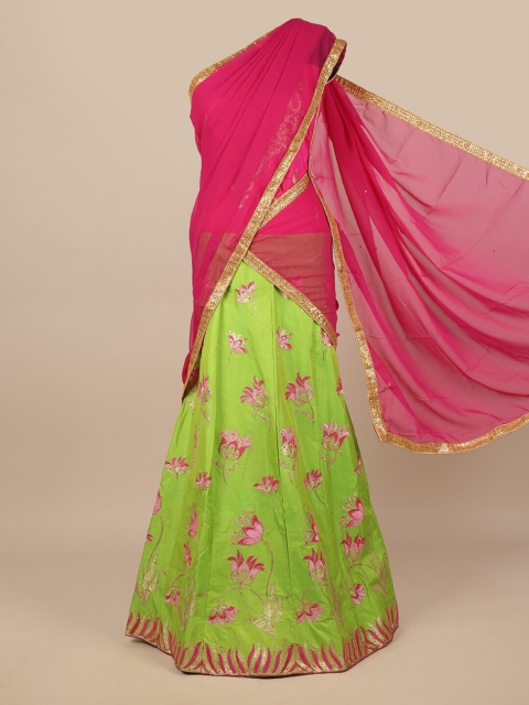 

Pothys Pink & Fluorescent Green Embroidered Unstitched Lehenga & Blouse With Dupatta
