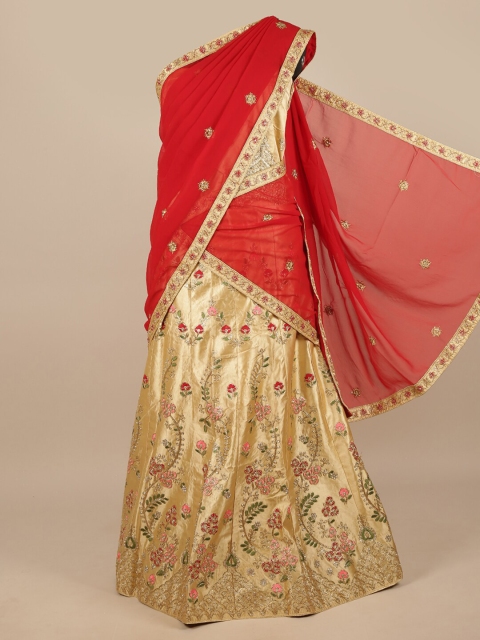

Pothys Red & Beige Embroidered Zardozi Unstitched Lehenga & Blouse With Dupatta