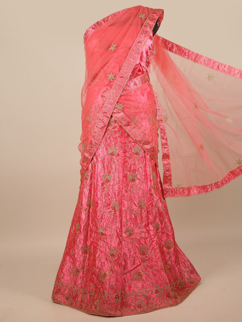 

Pothys Pink & Gold-Toned Embroidered Unstitched Lehenga & Blouse With Dupatta