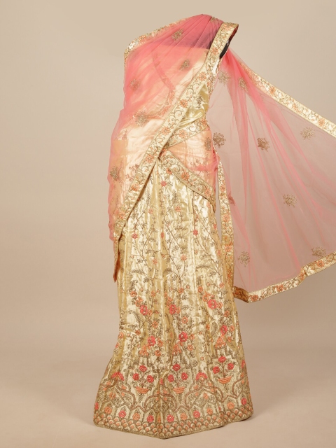 

Pothys Pink & Cream-Coloured Embroidered Unstitched Lehenga & Blouse With Dupatta