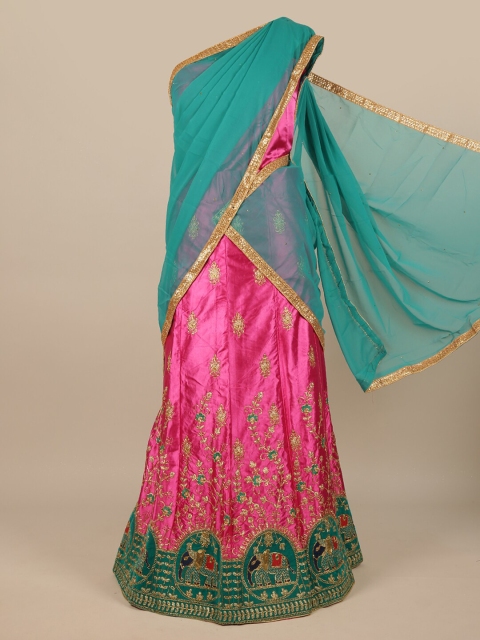 

Pothys Women Blue & Pink Embroidered Unstitched Lehenga Choli With Dupatta