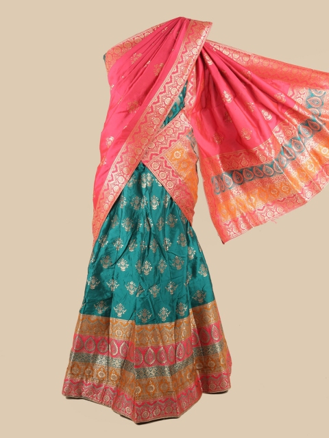 

Pothys Pink & Teal Green Unstitched Lehenga & Blouse With Dupatta