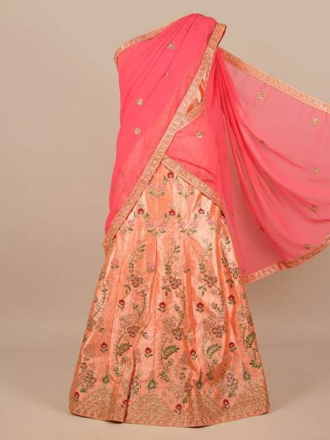 

Pothys Pink & Peach-Coloured Embroidered Unstitched Lehenga & Blouse With Dupatta