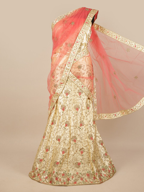 

Pothys Pink & Cream-Coloured Embroidered Unstitched Lehenga & Blouse With Dupatta