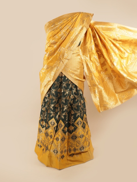 

Pothys Yellow & Green Unstitched Art SIlk Lehenga & Blouse With Dhavani