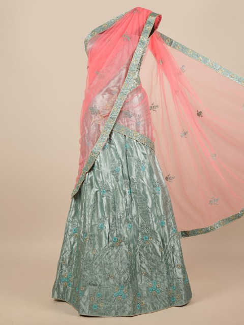 

Pothys Pink & Green Embroidered Unstitched Lehenga & Blouse With Dupatta