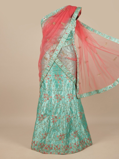

Pothys Pink & Turquoise Blue Embroidered Unstitched Lehenga & Blouse With Dupatta