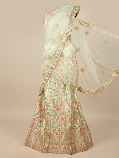 

Pothys Green & Orange Embroidered Unstitched Lehenga & Blouse With Dupatta