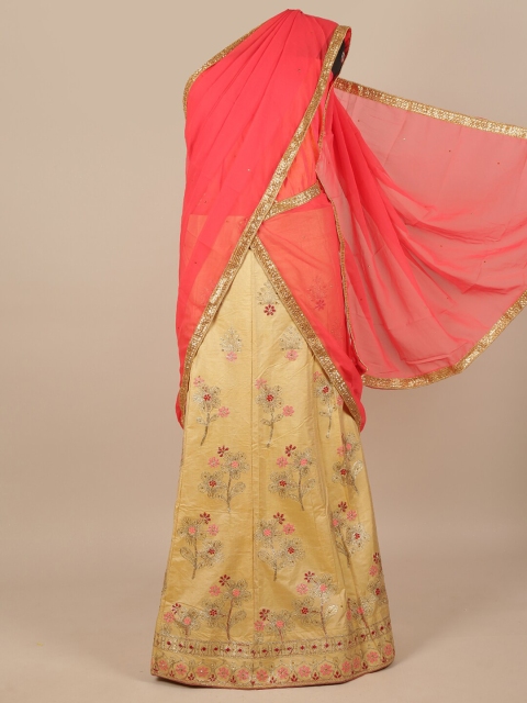 

Pothys Pink & Gold-Toned Embroidered Beads and Stones Unstitched Lehenga & Blouse With Dupatta
