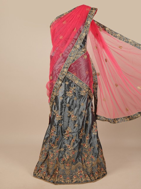 

Pothys Grey & Pink Embroidered Unstitched Lehenga & Blouse With Dupatta