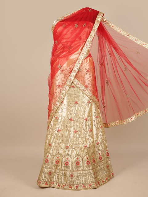 

Pothys Red & Cream-Coloured Embroidered Unstitched Lehenga & Blouse With Dupatta