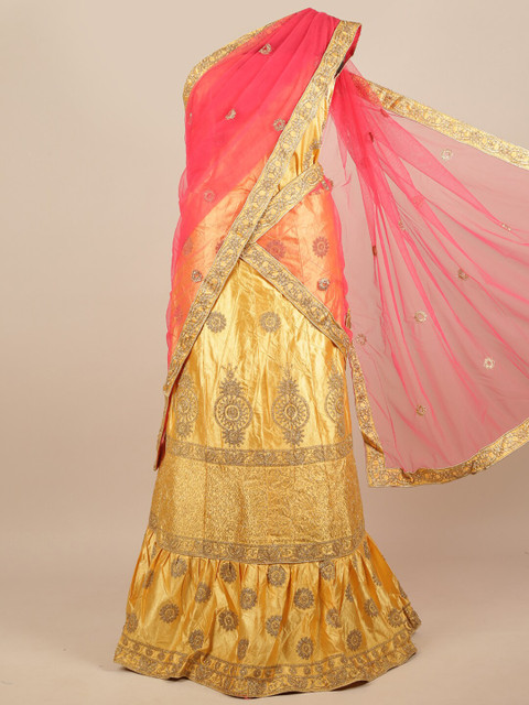

Pothys Pink & Yellow Embellished Beads and Stones Unstitched Lehenga & Blouse With Dupatta