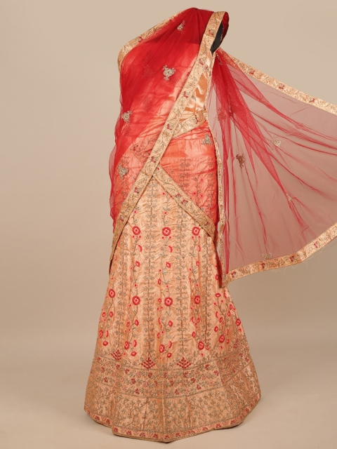 

Pothys Red & Peach-Coloured Embroidered Unstitched Lehenga & Blouse With Dupatta