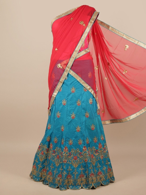 

Pothys Women Pink & Blue Embroidered Unstitched Lehenga Choli With Dupatta