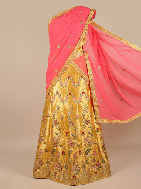 

Pothys Pink & Gold-Toned Embellished Unstitched Lehenga & Blouse With Dupatta