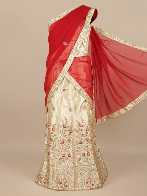 

Pothys Red & Cream-Coloured Embroidered Unstitched Lehenga & Blouse With Dupatta