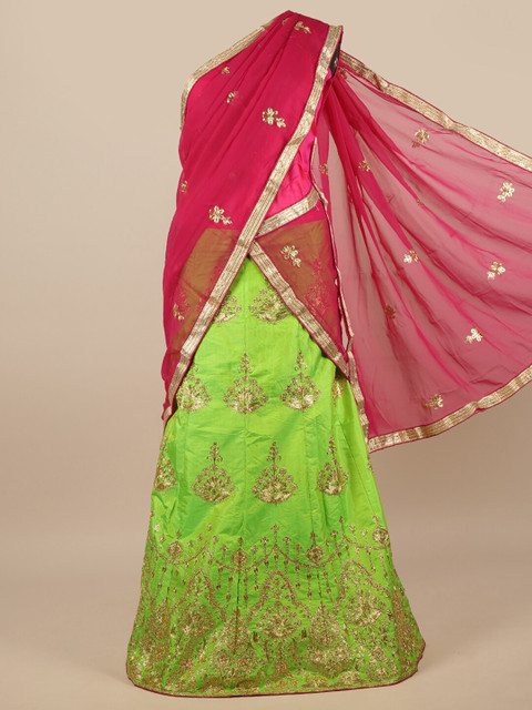 

Pothys Magenta & Green Embroidered Unstitched Lehenga & Blouse With Dupatta