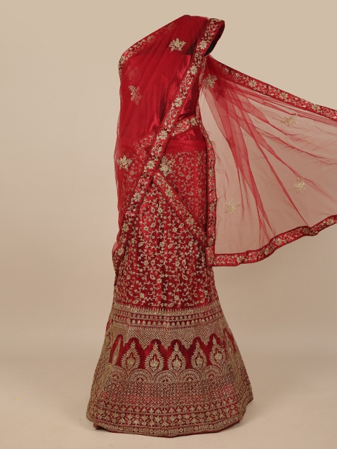 

Pothys Maroon & Gold-Coloured Embroidered Unstitched Lehenga & Blouse With Dupatta